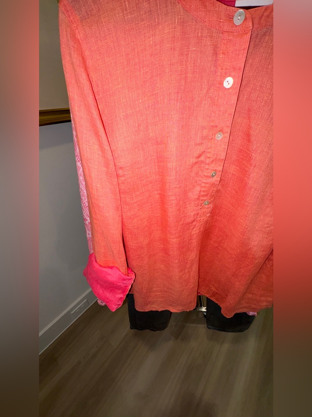J. Jill Linen Orange Band Collar Button Popover Long Sleeve Top Sz Medium Tall - Picture 7 of 13